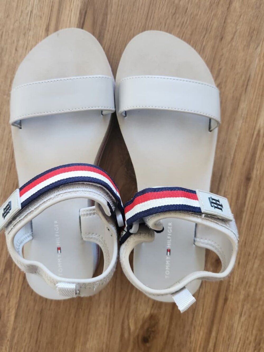 Tommy Hilfiger Silver Grey Platform Sandals | Red Navy Stripe Ankle Strap